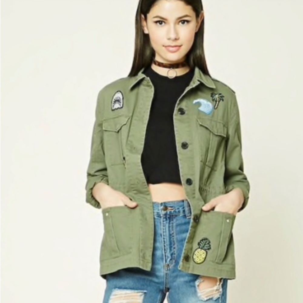 FOREVER 21 Utility Drawstring Jacket with Patches Size SML